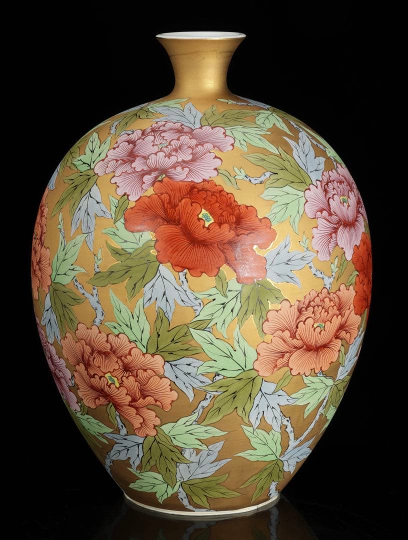 時代物 肥前 有田焼 金濃色絵牡丹文 花瓶 飾壺 骨董 古美術 在銘 高さ42㎝