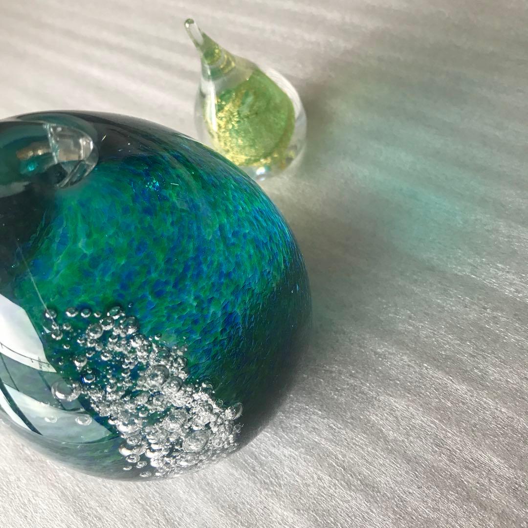 大正硝子舘　卵型ガラスアート 青緑　置物　特注
