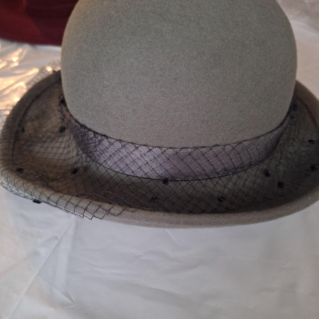 グレー ウールフェルト ボウラーハット　レース　リボン　ヴィンテージ