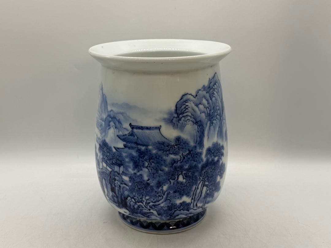 オールド深川　染付花器　山水楼閣紋　送料込み260121