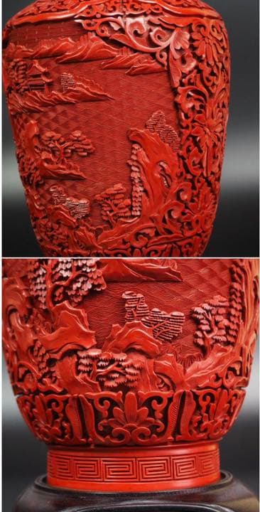 送料無料極上品　細密山水楼閣彫堆朱花瓶 紫檀台付 　全高さ40ｃｍ　中国古玩