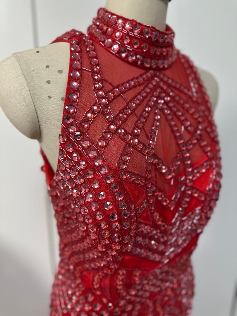 ビーズ装飾赤ハイネックドレス