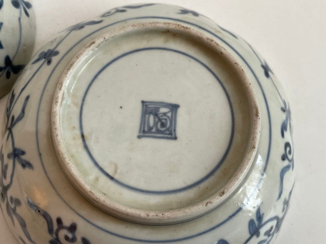 骨董　アンティーク　古伊万里　染付　牡丹　輪花縁　膾皿　なます皿　2枚