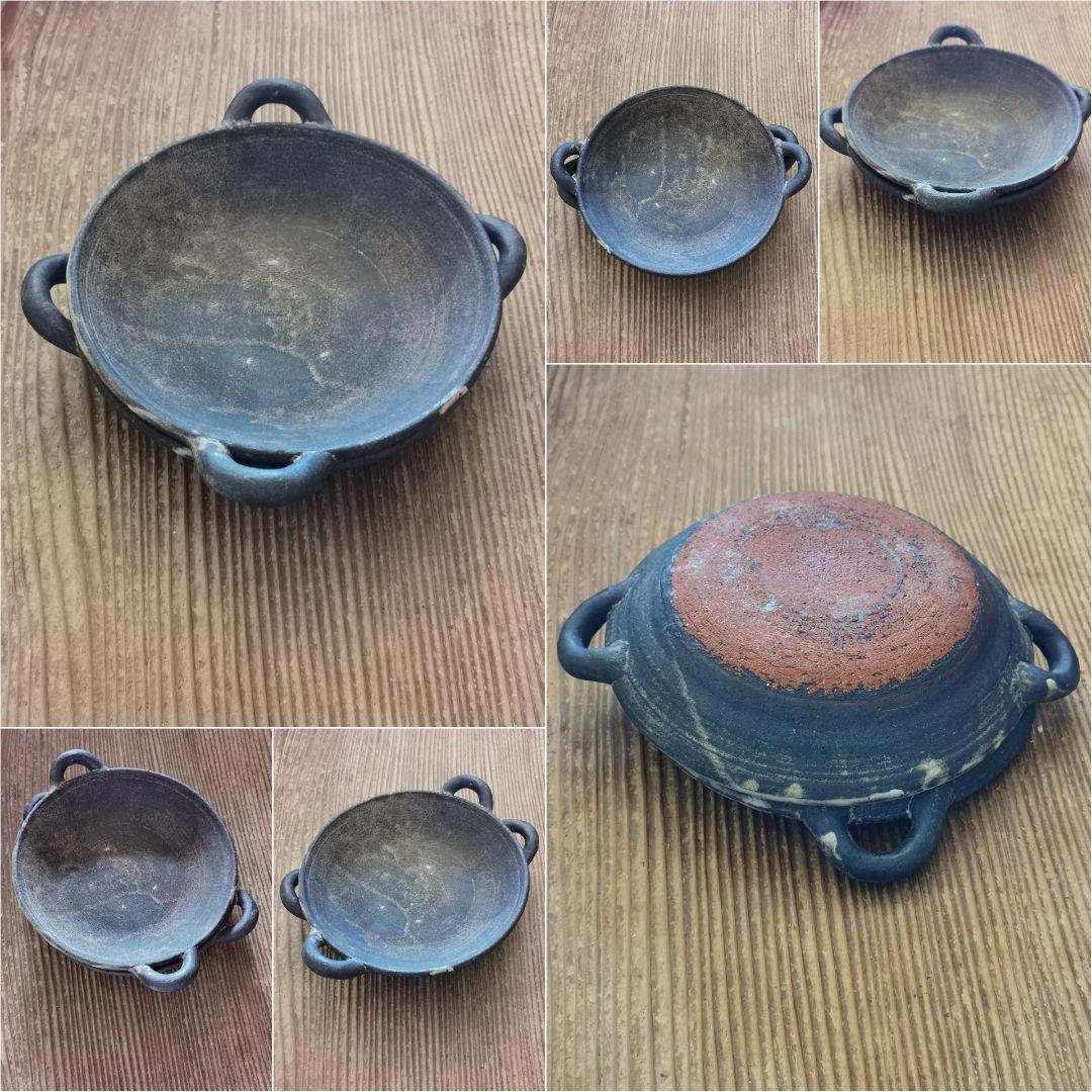 作家物 ギャラリー 個展購入 耳付き墨黒深皿 ワンプレート 2枚ペアセット