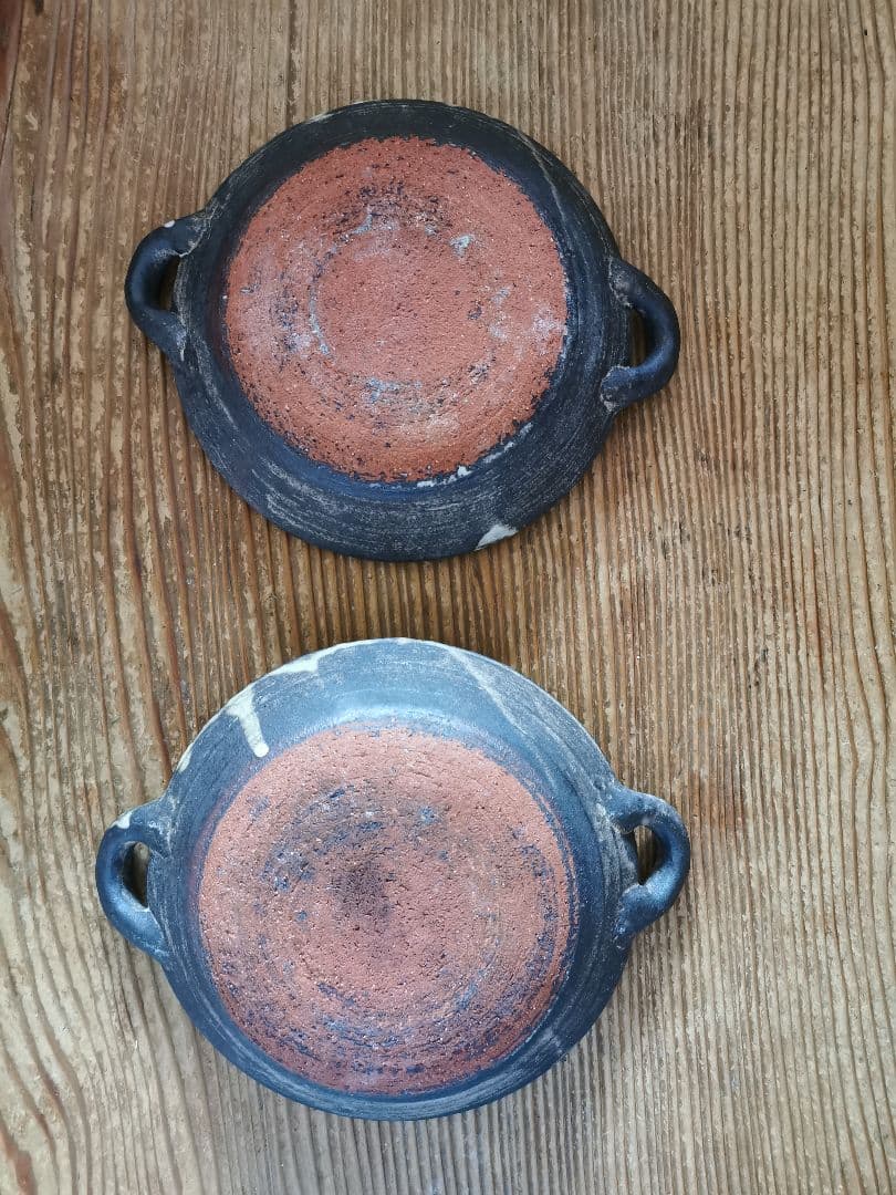 作家物 ギャラリー 個展購入 耳付き墨黒深皿 ワンプレート 2枚ペアセット