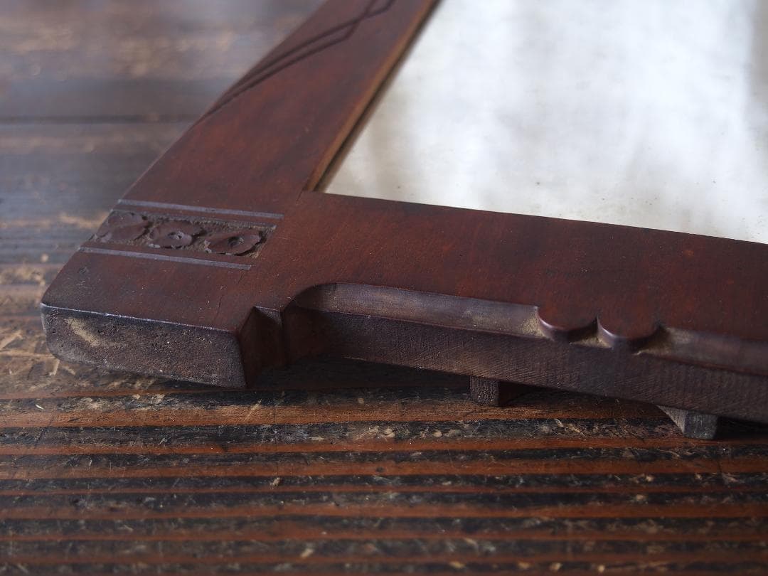 木製フレームの古い鏡 アールデコ 高31cm#家具 工藝/K398