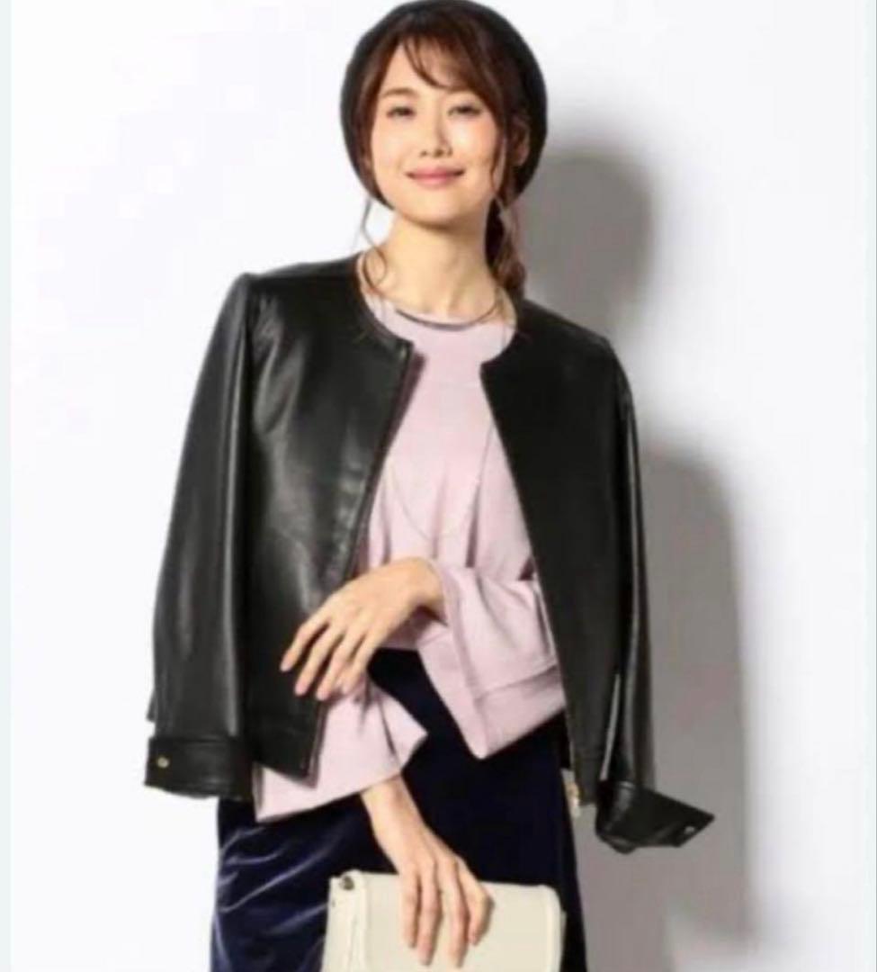 組曲 シープラムレザー ノーカラー ライダース ジャケット 大きいサイズ5 黒