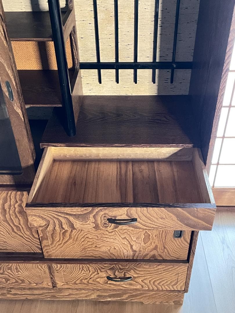 【昭和レトロ】 木製食器棚｜幅88cm｜ガラス引き戸付き｜飾り棚／収納棚｜天然木