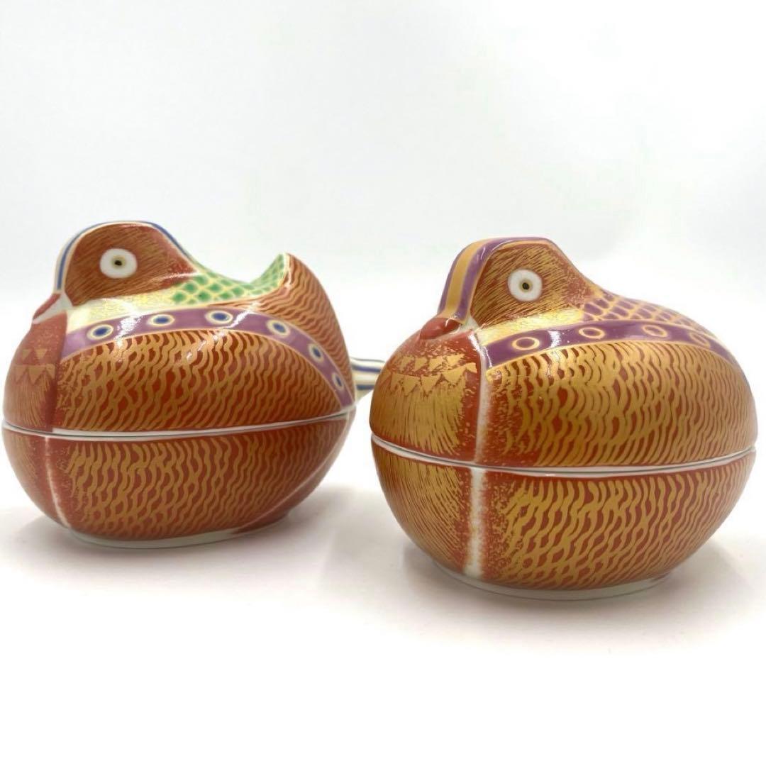 【☆お得なお品☆】【新品】有田焼幸楽窯　錦琳派おしどり蓋物雄雌セット　縁起物