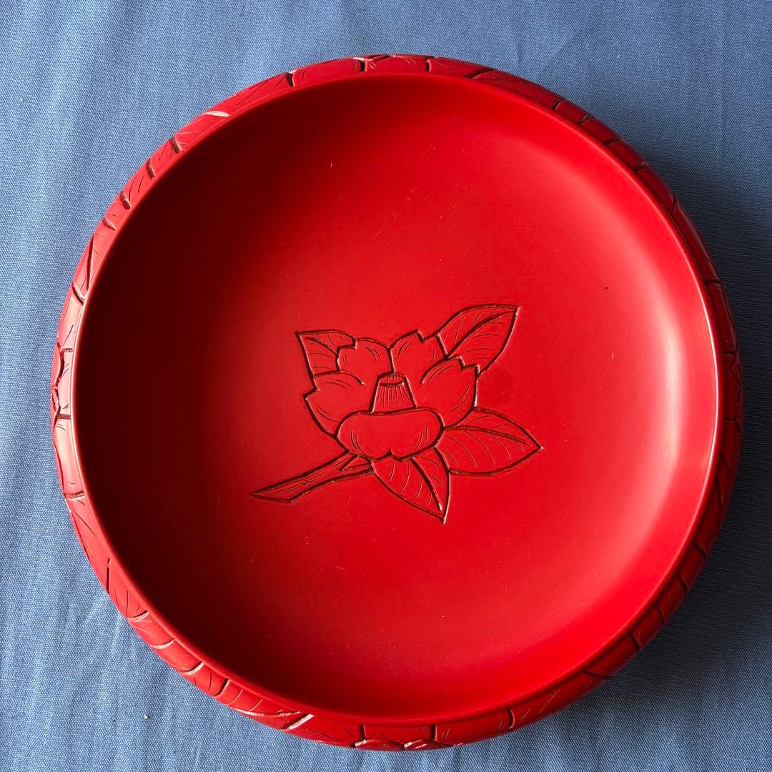 新潟 村上木彫堆朱　鉄鉢型小鉢（大）菓子器/うるし塗り 椿絵、牡丹絵　2枚セット