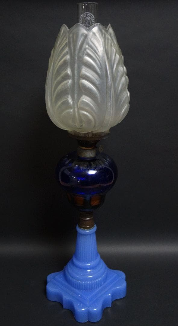 明治期 ガラス製大型オイルランプ花蕾型ランプ/切子油壷/ 水色練台座 台ランプ