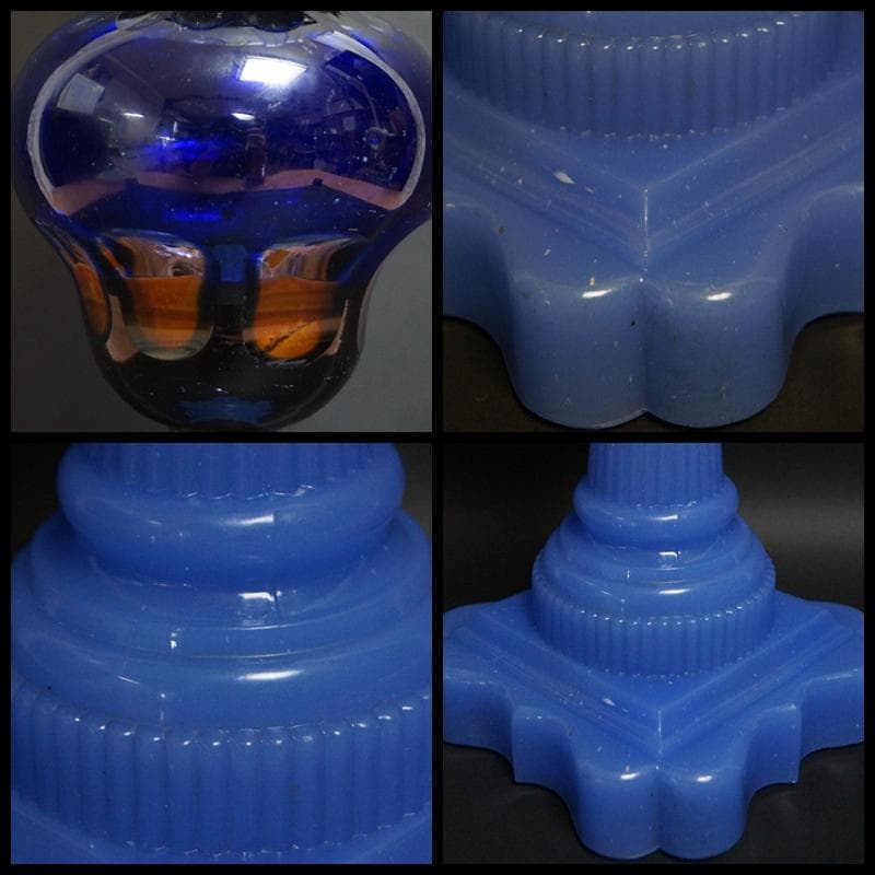 明治期 ガラス製大型オイルランプ花蕾型ランプ/切子油壷/ 水色練台座 台ランプ