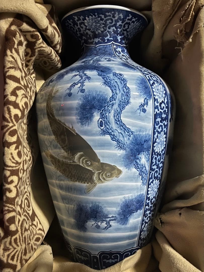 花瓶　染付三方絵　松右衛門