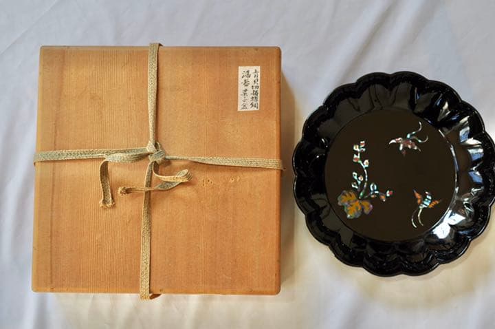 螺鈿 漆器 桐鳳凰紋 菓子盆 共箱 二枝鼈甲美術店 盛皿 平皿 飾り皿 骨董