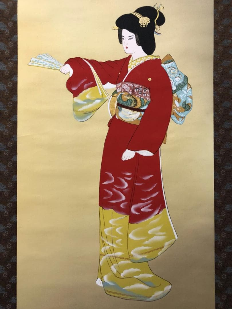 掛軸 山口芳月『序の舞 美人図』日本画 絹本 肉筆 合箱付 掛け軸 k07214