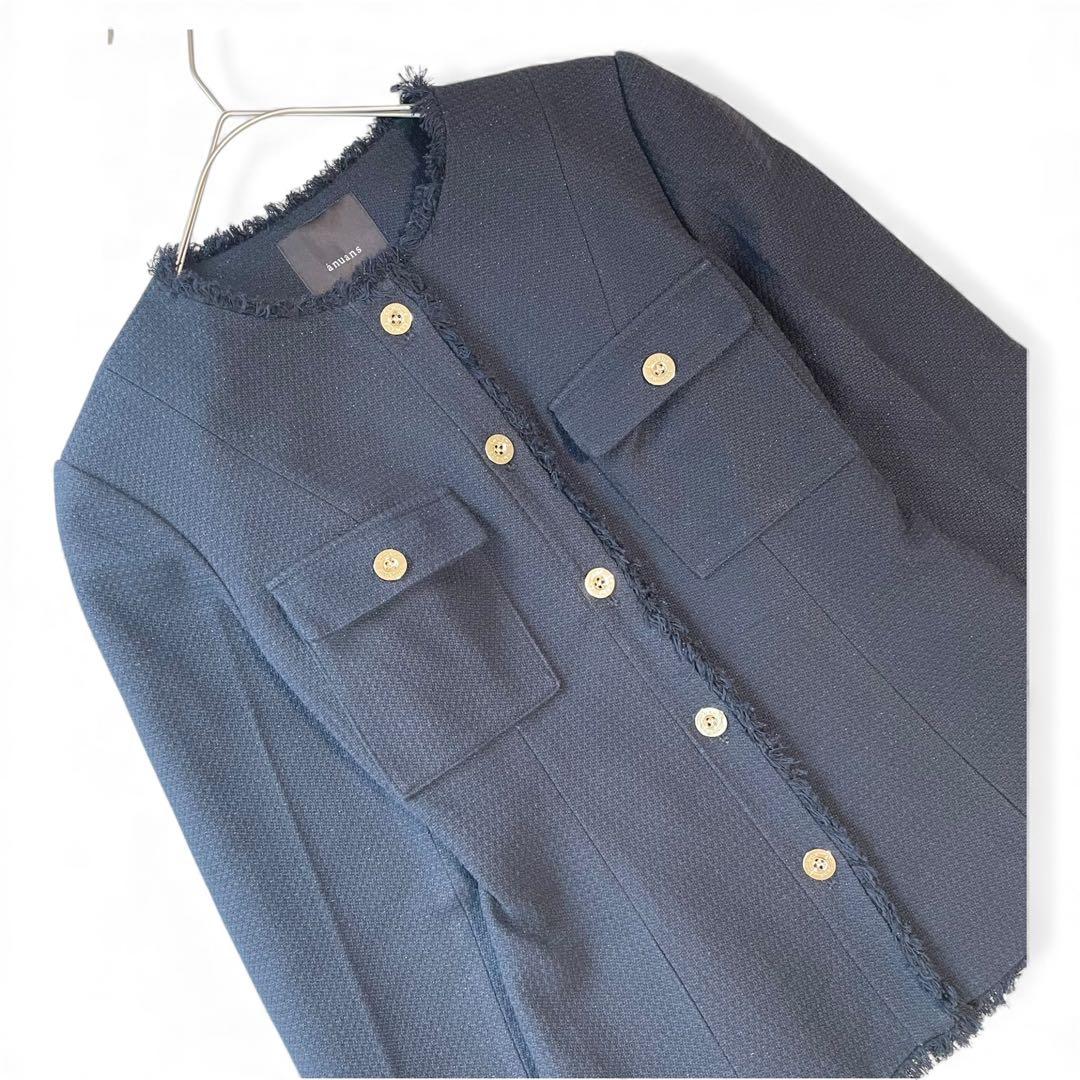 25SS✨タグ付✨anuans ツイードノーカラーフォルムジャケット 紺ブレ 金