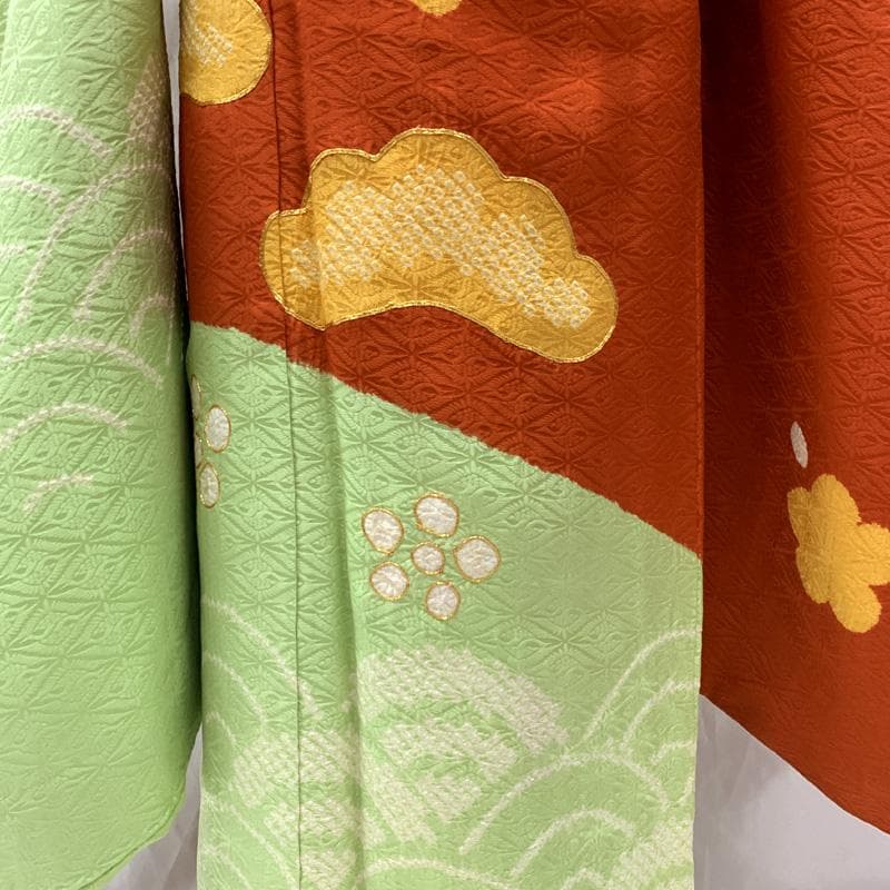 509ag23□七五三 七歳 女児 着物&袋帯 部分絞り 梅 松□状態良好