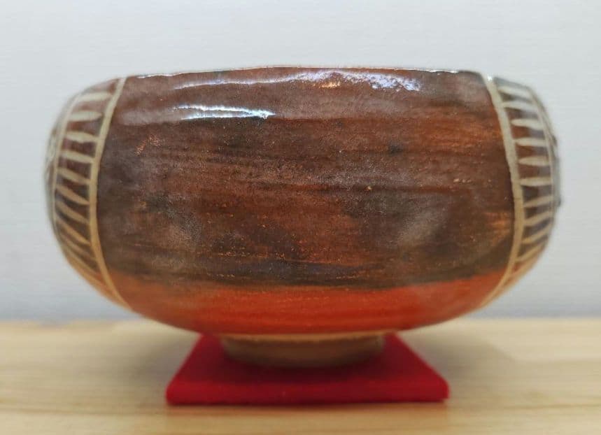 送料込【逢絢亭】茶道具 茶碗 楽焼 赤楽 俵形茶碗 表千家書付 楽吉左衛門 共箱