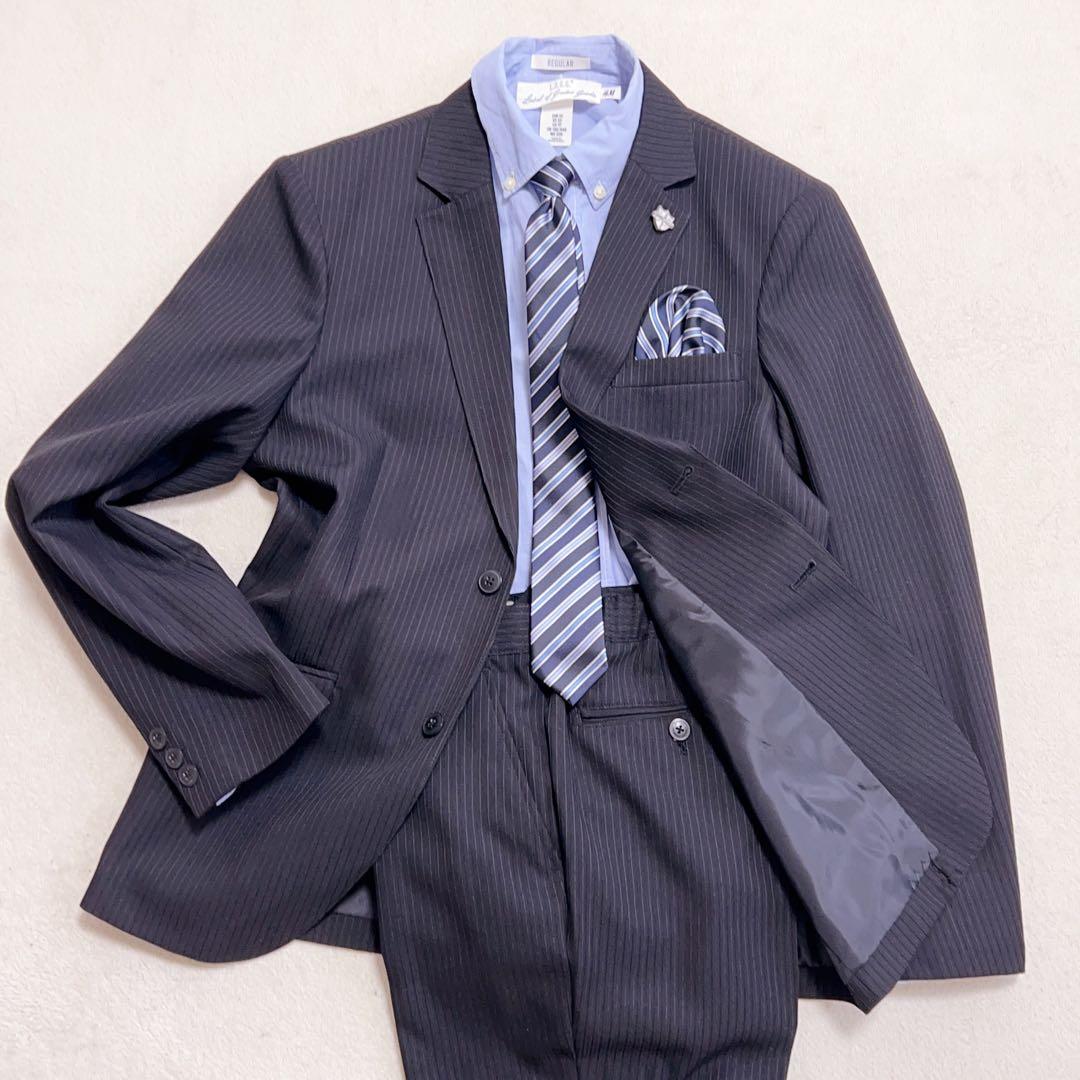 美品　ミチコロンドン　スーツセット　165cm 男の子　ブラック　ストライプ　黒