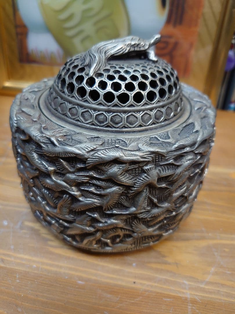 開運 縁起物 千羽鶴 亀 龍香炉  白銅製（洋銀）大明年製