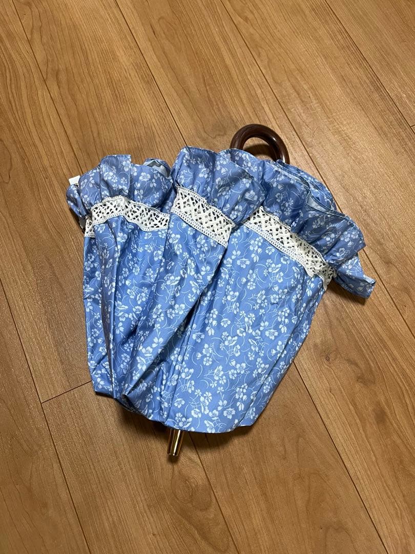 美品！！　ポロラルフローレン　楽折　遮光　晴雨兼用傘　水色花柄フリル日傘
