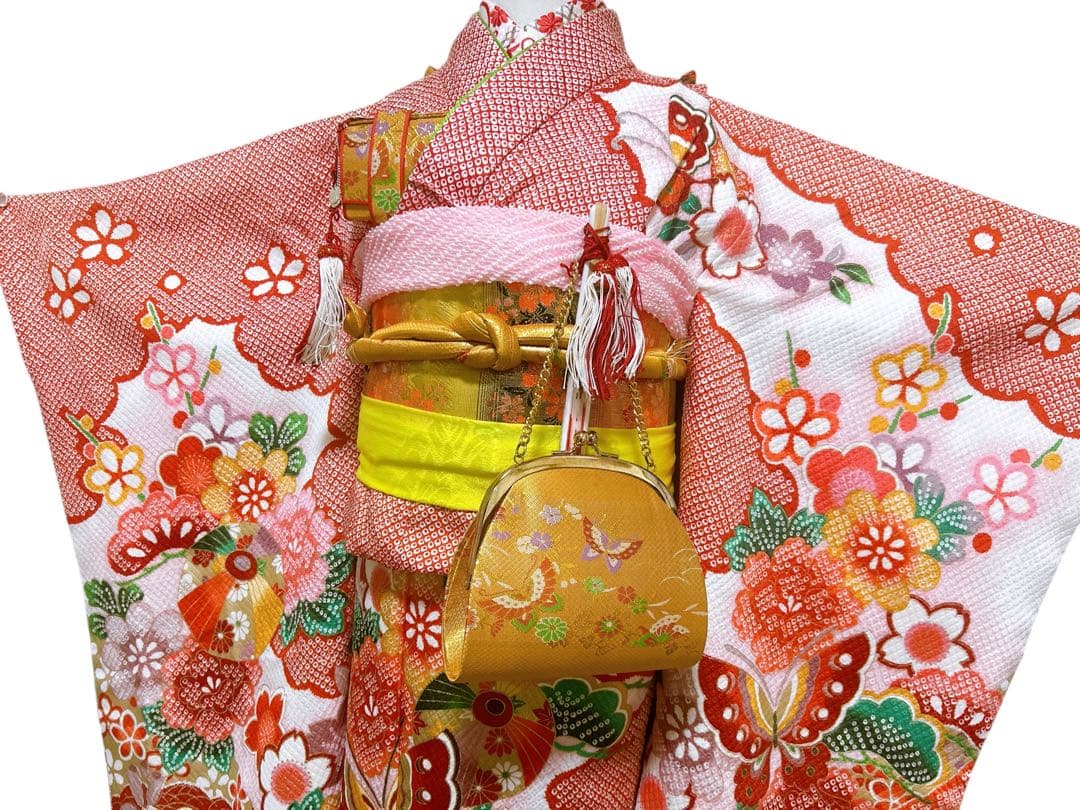 人気の鹿の子柄♡七五三　7歳　女の子　フルセット　一式　赤系　ゴールド