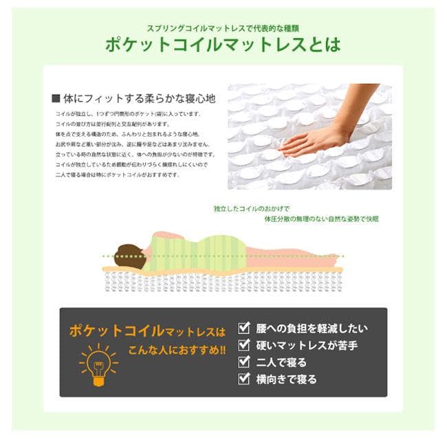 ポケットコイルマットレス セミダブル 少し硬め リバーシブル体圧分散（1181）