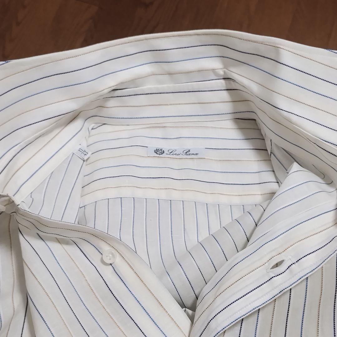 ロロピアーナ コットンリネン マルチストライプ 長袖シャツ ホリゾンタルカラー