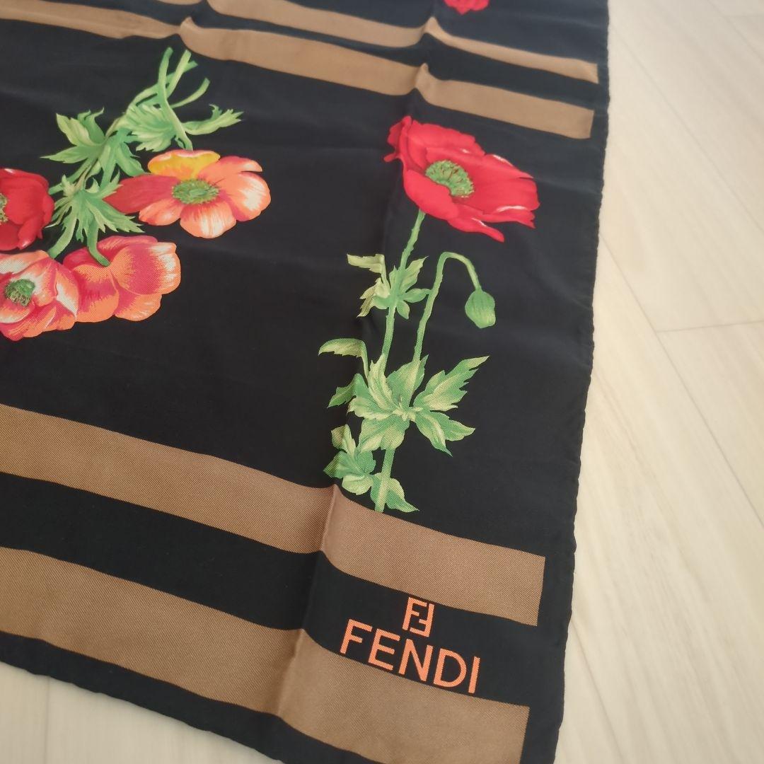 フェンディ FENDI スカーフ ストール 大判 シルク 絹 ボーダー 花柄 薔
