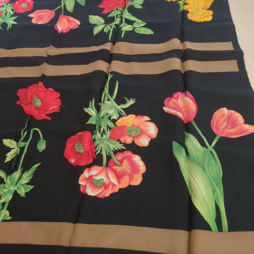 フェンディ FENDI スカーフ ストール 大判 シルク 絹 ボーダー 花柄 薔