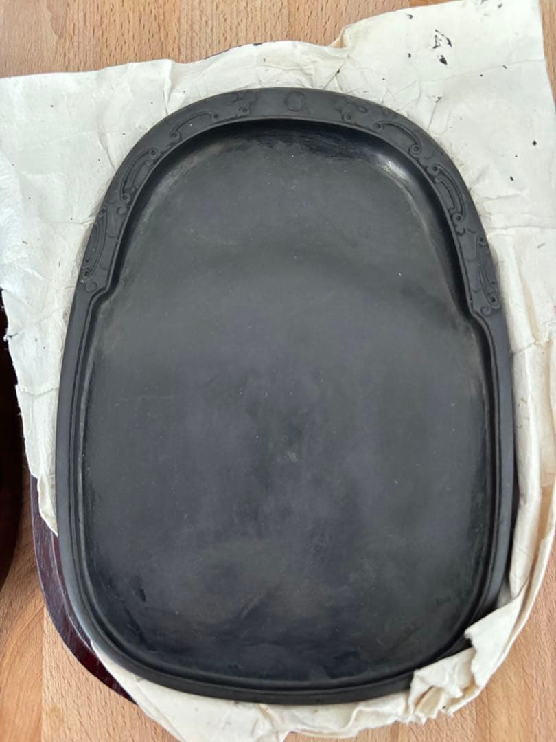 書道　硯　麻子坑端溪硯 三辺花 楕円七吋