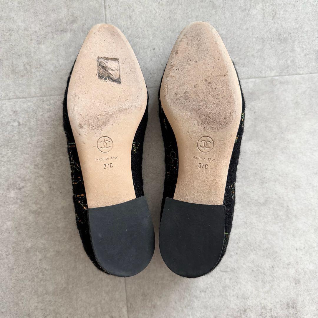 シャネル　パンプス　ココマーク　リボン　ツイード　黒　エナメル切替　保存袋　37