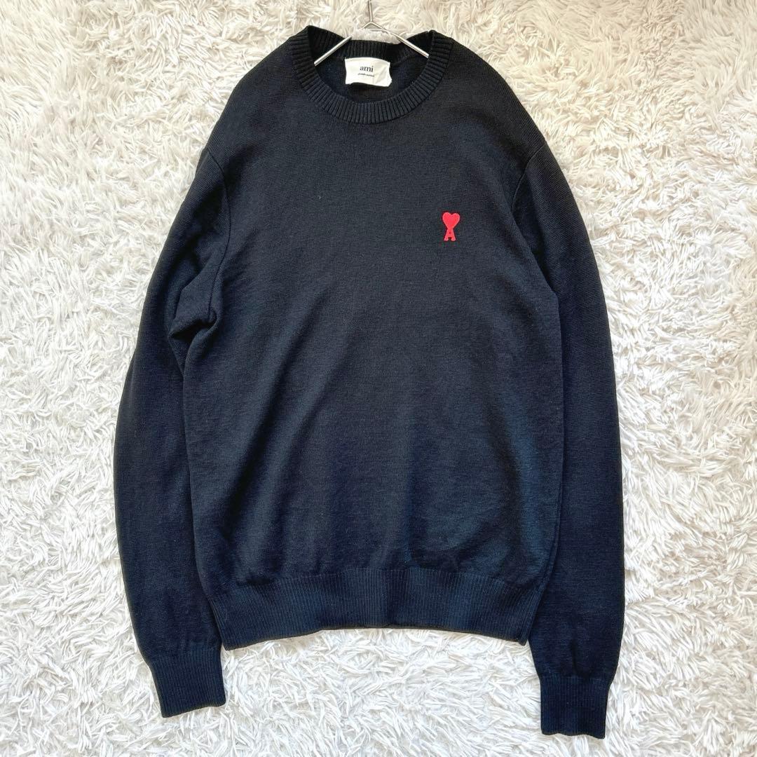 ami Paris アミパリス　ハートロゴ刺繍ウールニット　ブラック M