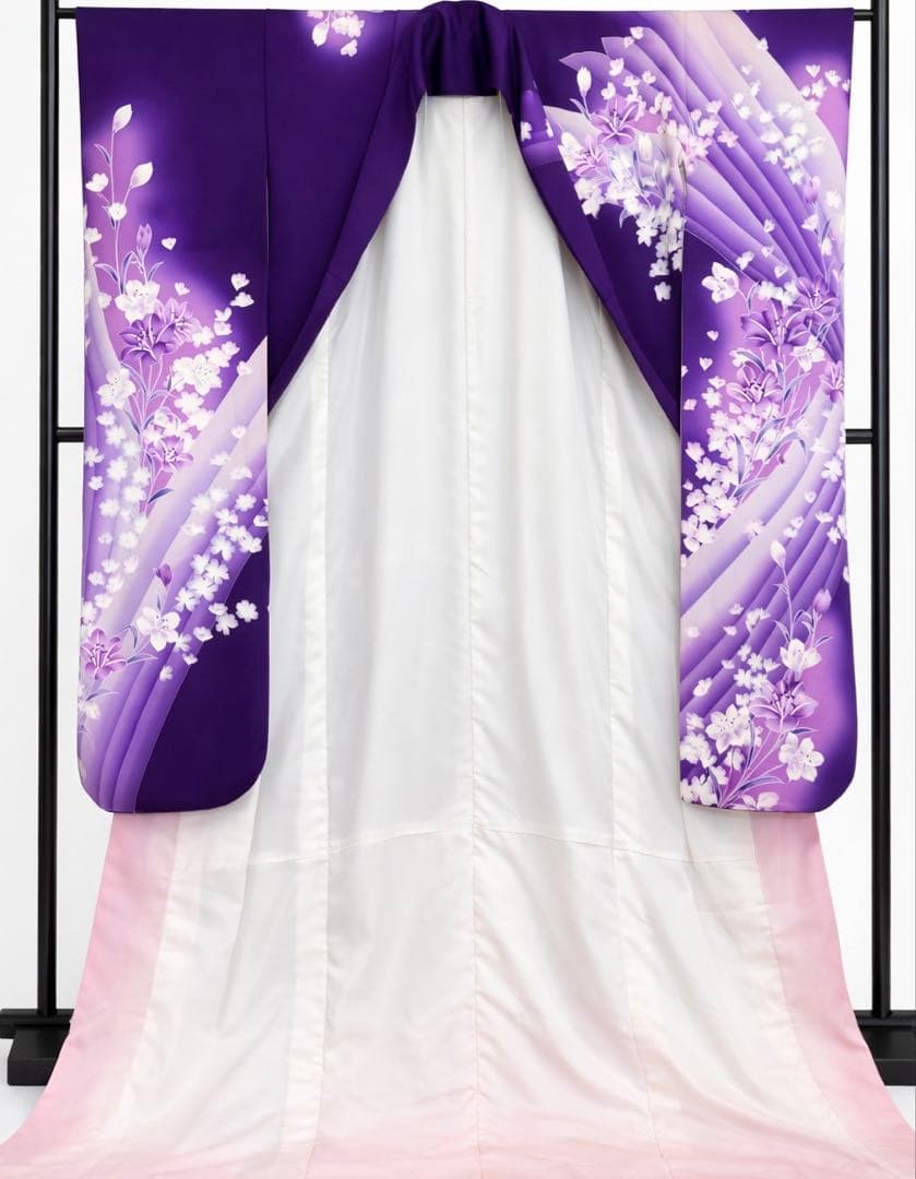 トール振袖 濃紫×藤色 花吹雪 流れ模様 身丈168 裄63 袖丈107