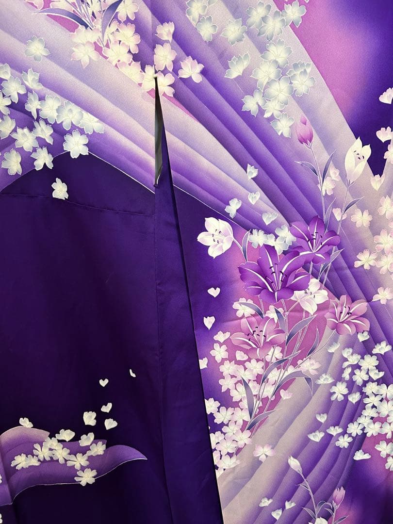 トール振袖 濃紫×藤色 花吹雪 流れ模様 身丈168 裄63 袖丈107