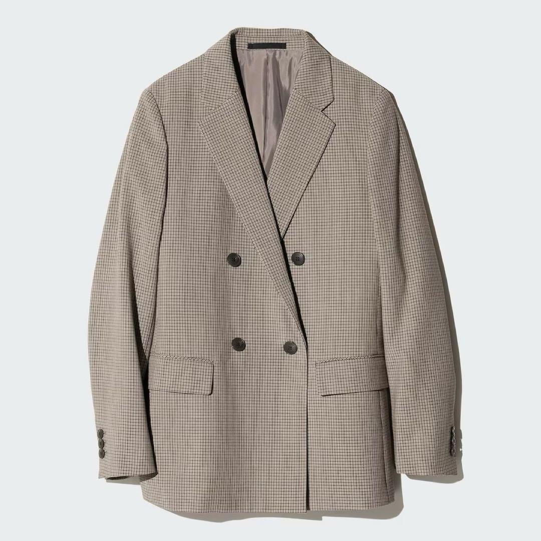 オンライン完売品 ユニクロ　ダブルジャケット 35 BROWN チェック　M