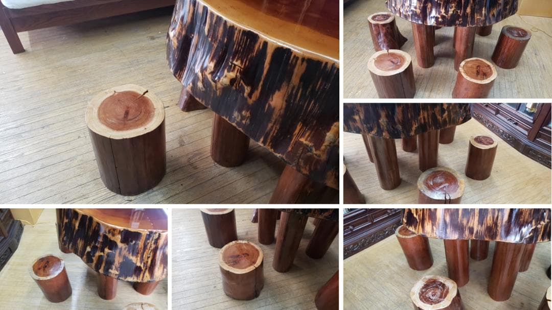 H16　一枚板　丸太脚　 厚み18.5㎝ カウンターテーブル ＆ 丸太椅子6脚