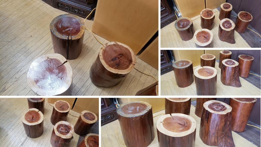 H16　一枚板　丸太脚　 厚み18.5㎝ カウンターテーブル ＆ 丸太椅子6脚