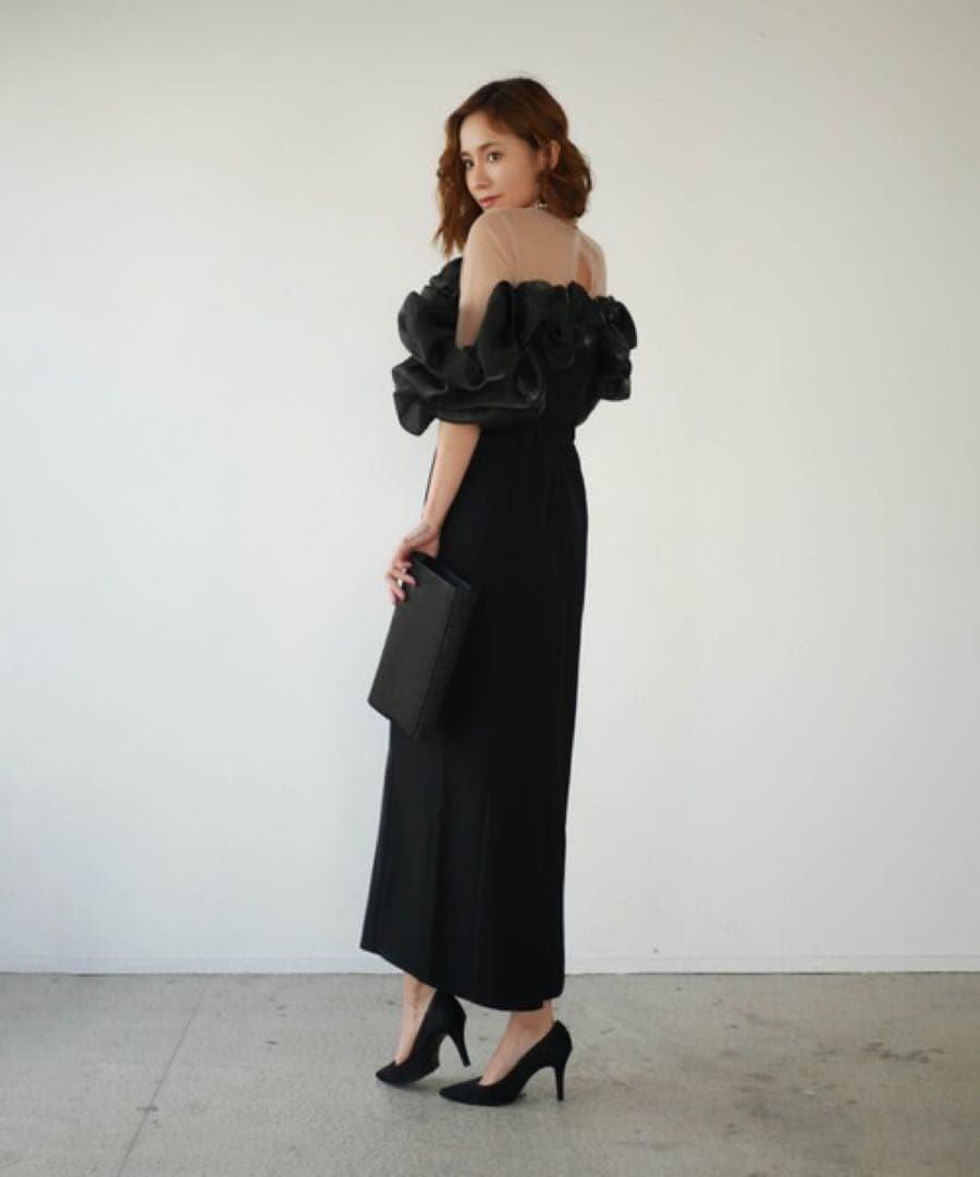 My shawtyブラックフリルオフショルダーパーティドレス