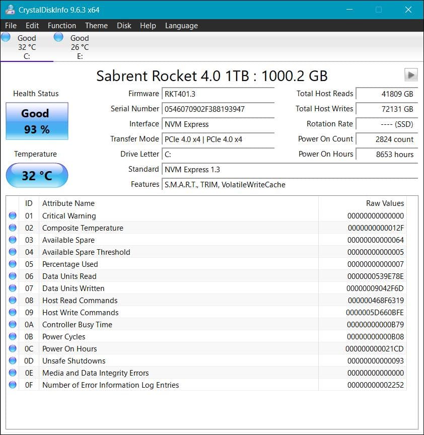 Sabrent Rocket 4.0 1TB NVMe SSD 健康状態:93%