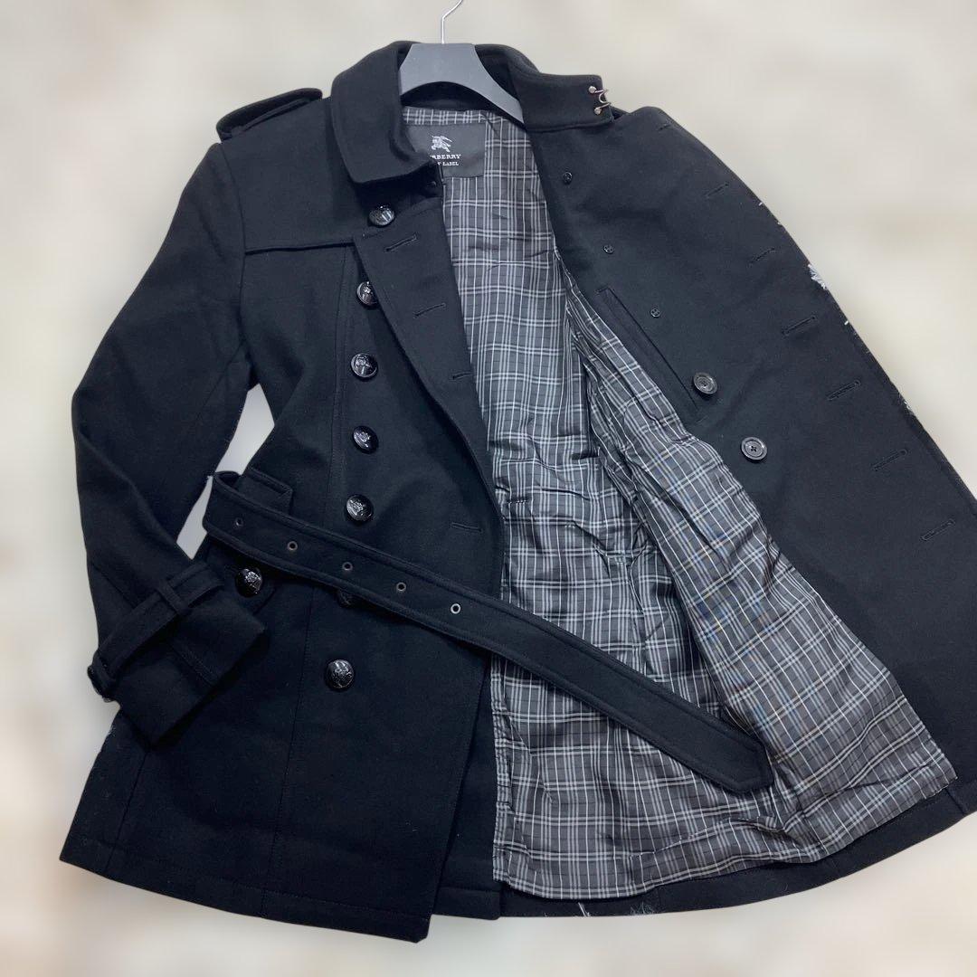 未使用級バーバリーブラックレーベル ナポレオンコートカシミヤ混 ホースロゴ 黒M