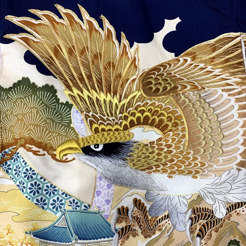 601ab4□七五三 三歳 男児 着物&被布 五つ紋 鷹 城 濃紺□美品