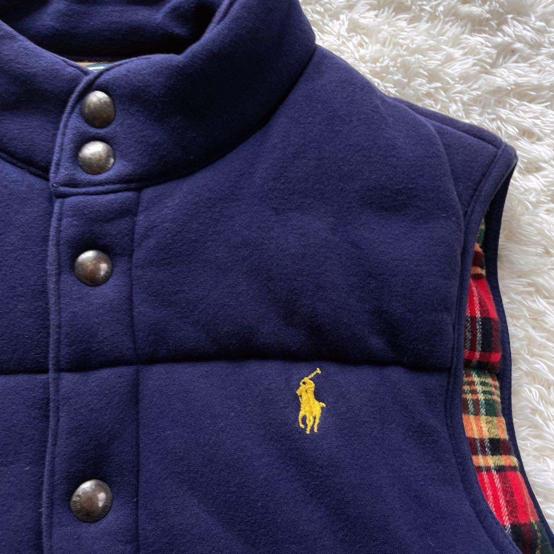 ポロバイラルフローレン M 中綿 ダウンベスト 裏地チェック ポニー　肉厚　紺