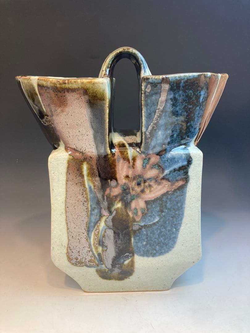 河井武一 作 花紋三色流扁壷 共箱 高さ27cm 河井寛次郎の甥・一番弟子