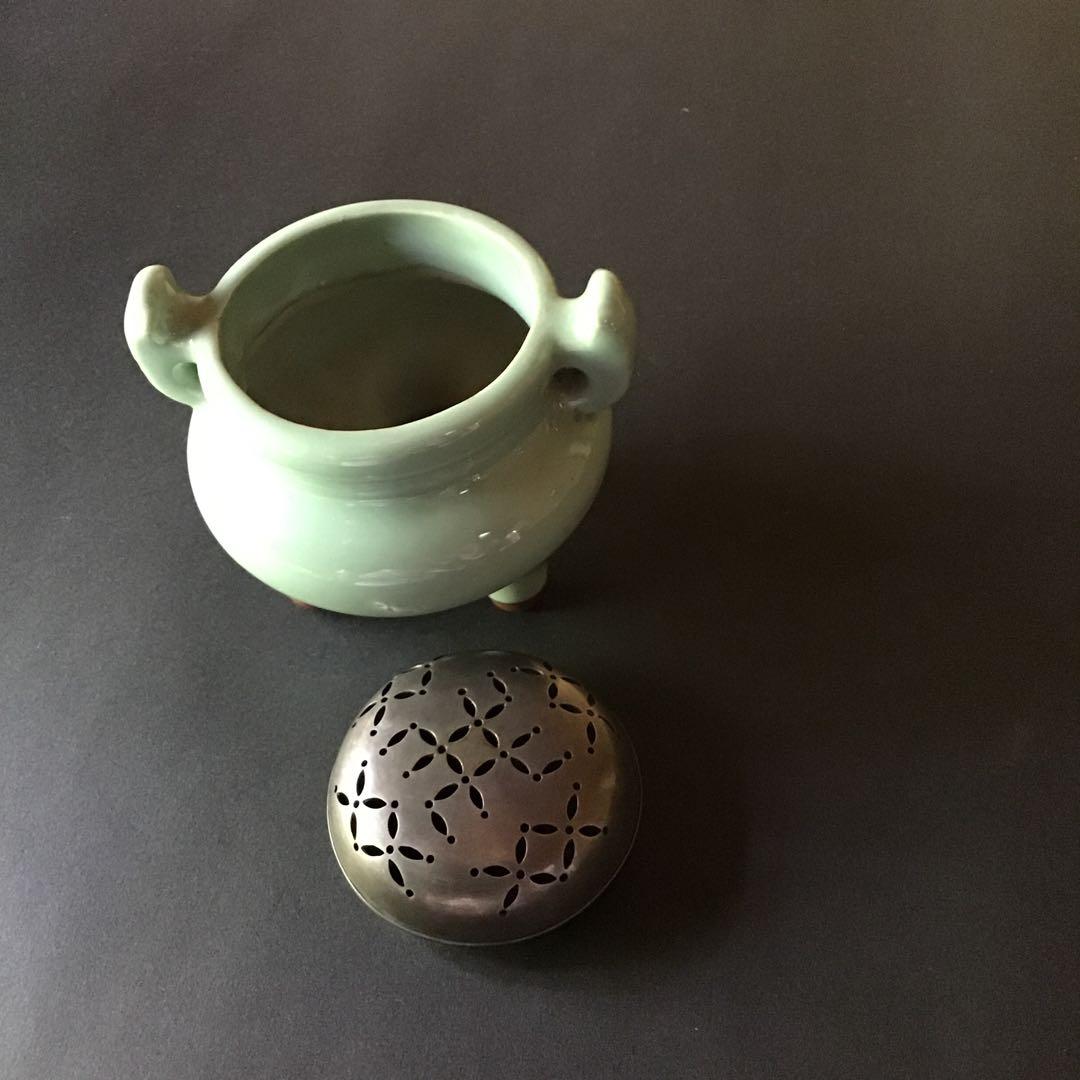 青磁　銀製麻の葉透かし火屋　香炉