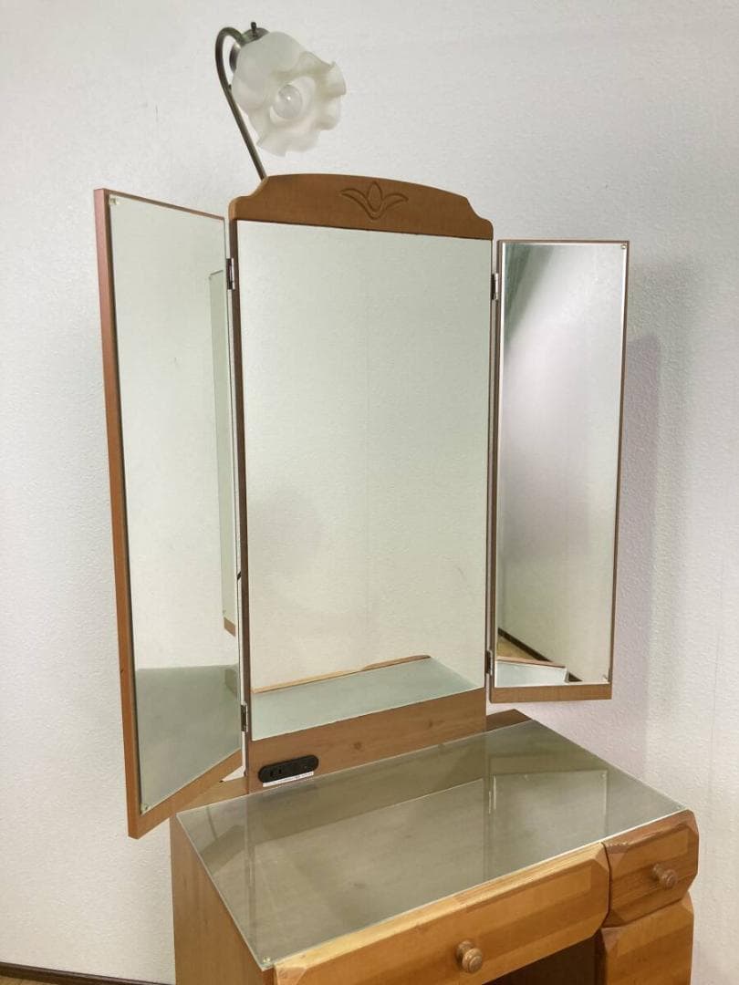 ニトリ レスティⅡ 3面鏡 三面鏡 ドレッサー 照明 イス付き ライトブラウン