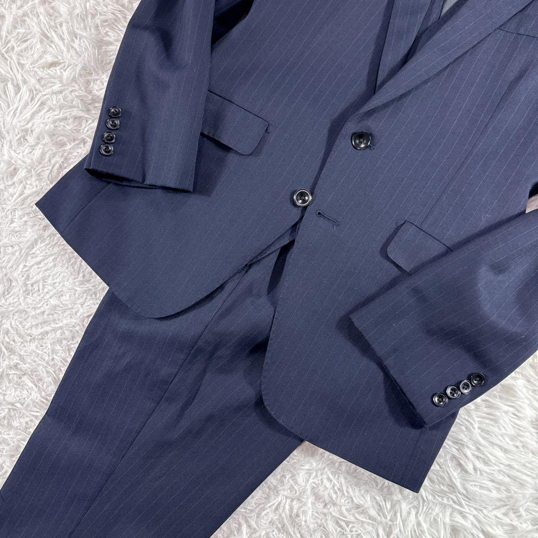 【美品】スーツセレクト スリーピーススーツ ストライプ A4 ネイビー スリム