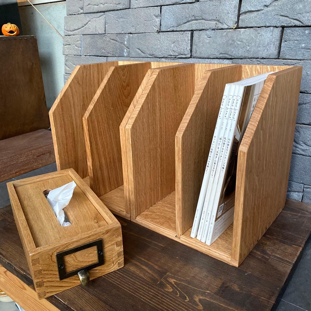 木製ブックスタンドとティッシュボックス ホワイトオーク無垢　オーダー品2点