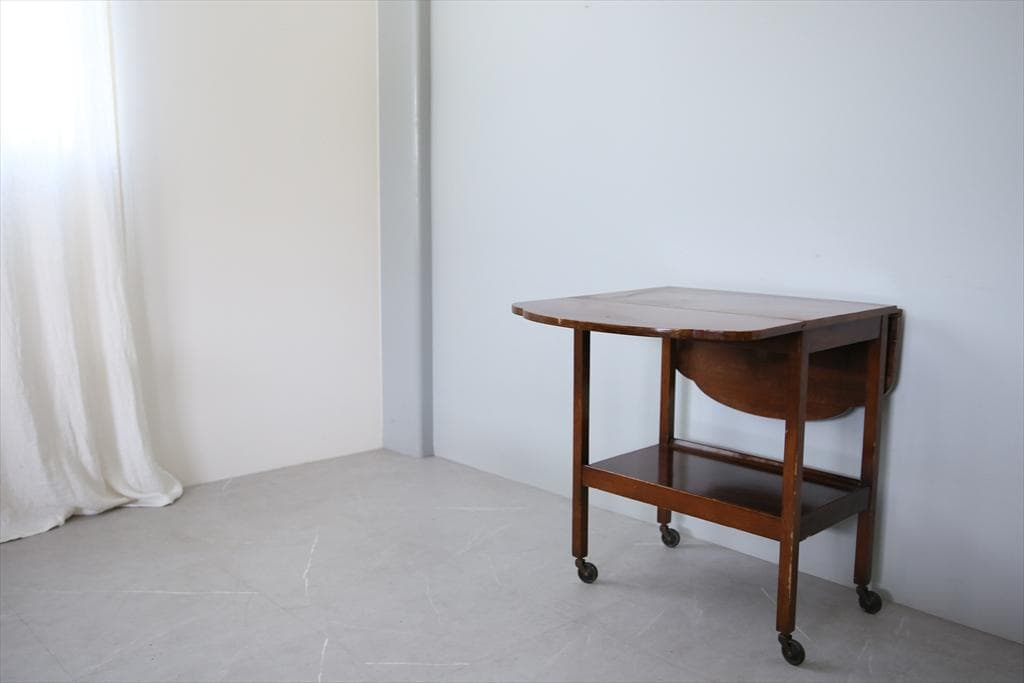 英国アンティーク木製ドロップリーフトロリーテーブル/収納式ワゴン机(89-197