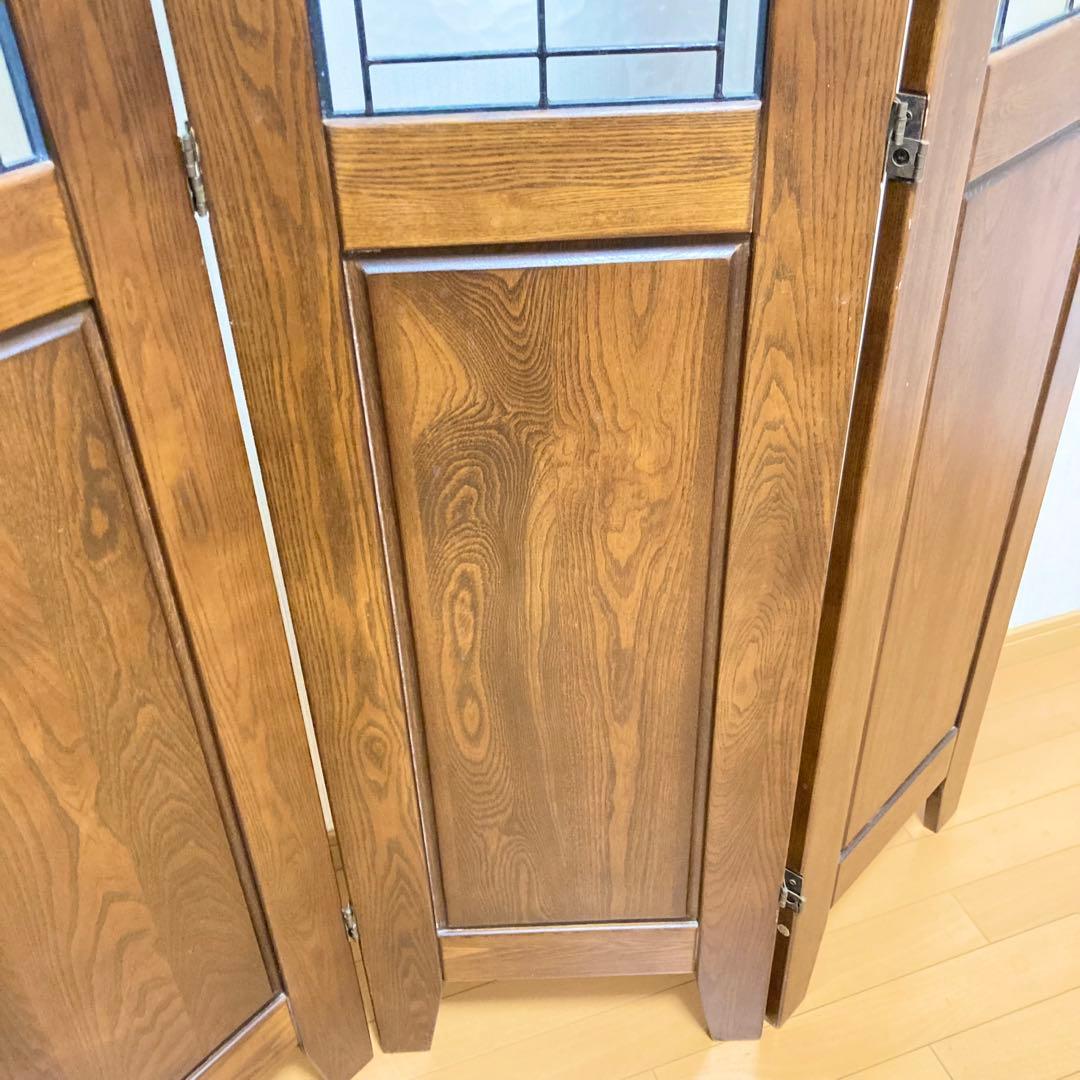 ステンドグラス 木製 パーテーション 3連 アンティーク調 間仕切り 衝立